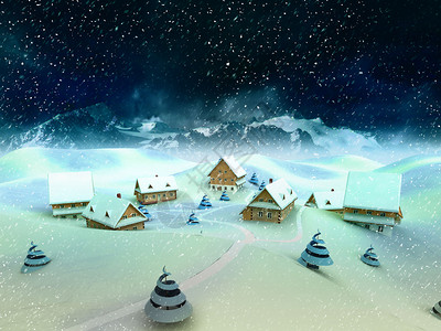 带有山脉和降雪插图的神奇冬季村庄场景图片