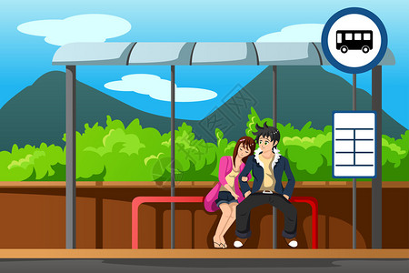 蓬佩奥说明男女在公共汽车站等插画