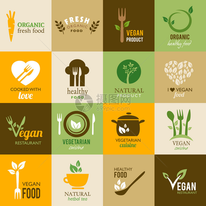 代表健康食品和有机产品的图标集合图片