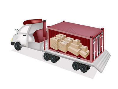 平板卡车拖拉机拖车或平板铰接式卡车后部的一组纸板箱图片