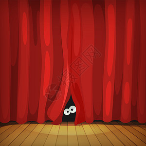 隐的滑稽卡通生物或角色的眼睛在剧院木制舞台上从红色窗帘后面隐插画
