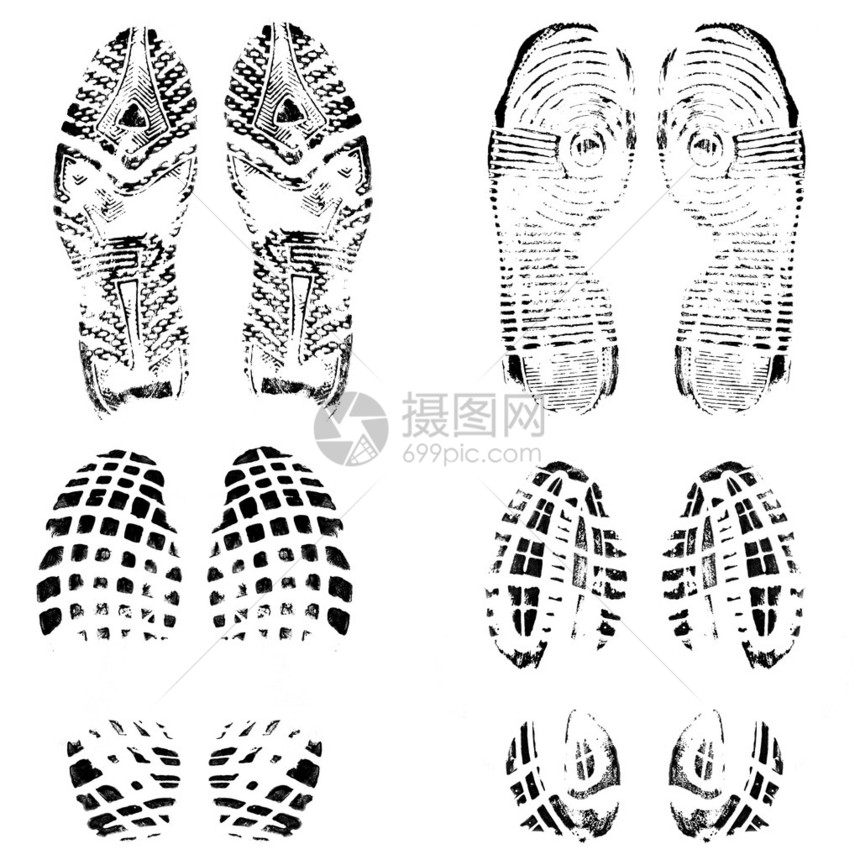 一套四双鞋印在白色矢量图图片