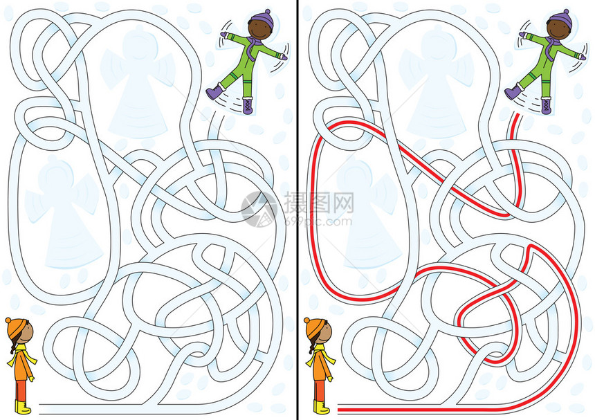 孩子们在雪中玩耍迷宫给图片