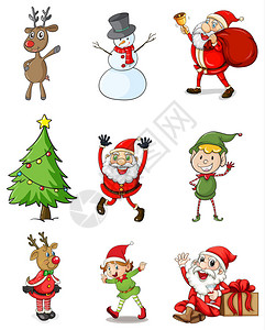 白色背景的九种圣诞节设计插图图片