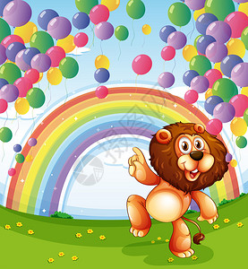 一只狮子在带有彩虹的漂浮气球下的插图图片