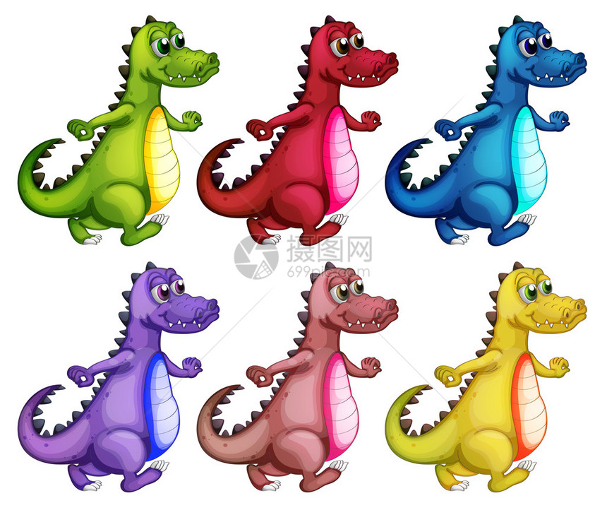 白色背景上六条彩色鳄鱼的插图图片