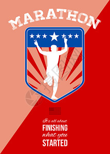 海报贺卡插图显示马拉松运动员闪烁胜利标志的剪影以复古风格完成图片