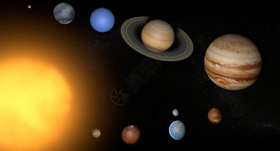 太阳系的行星及其少数卫星以及几颗遥远的矮行星的插图以上图片