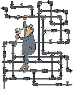 这个插图描述一个水管工挂在煤气管的铁丝网上准备用大图片