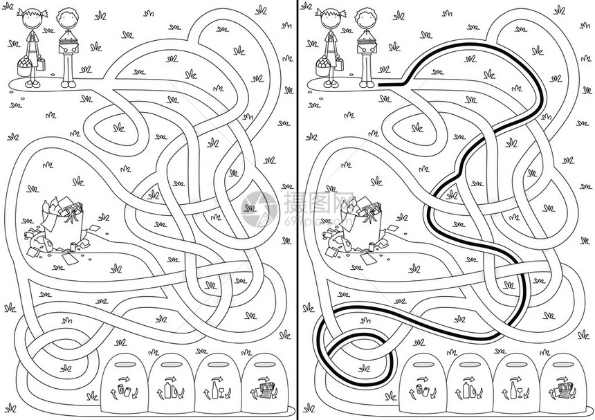 用黑白解决方案为孩子们回收迷宫图片