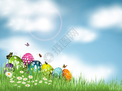 复活节鸡蛋在青草中筑巢与有蝴插画
