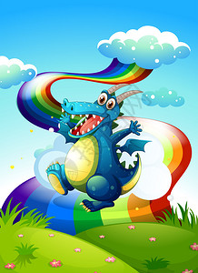 山顶上的龙和天空中的彩虹的插图图片