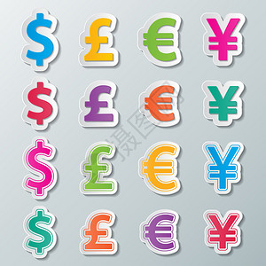 套五颜六色的美元英镑欧元和日元货币符号图片