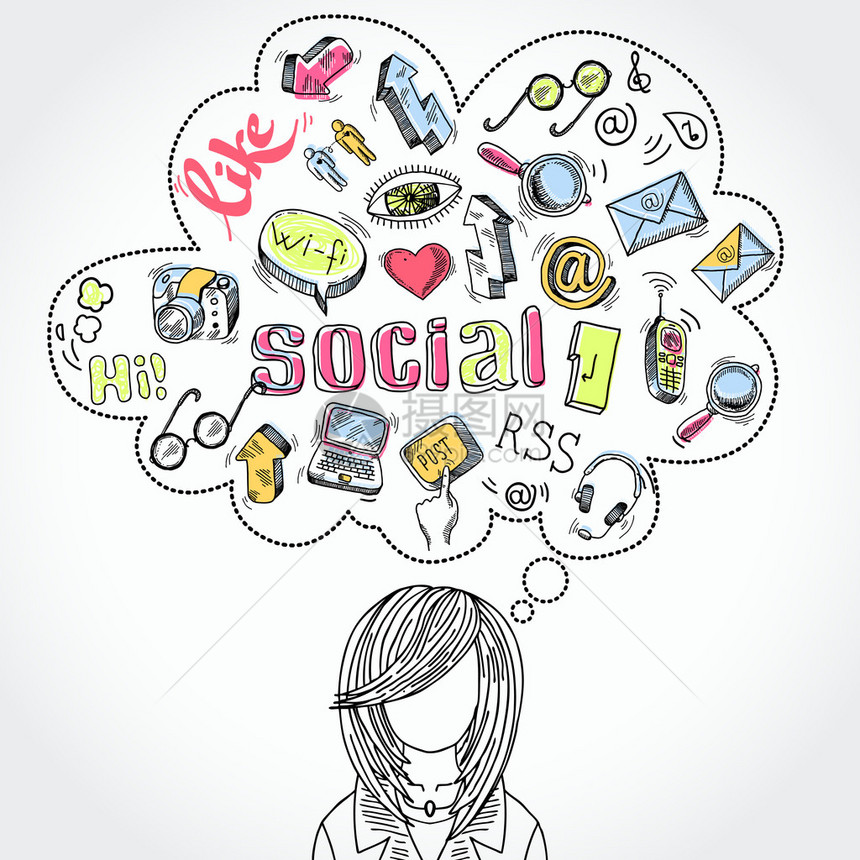 Doodle博客社交媒体与女双光灯矢量插图的交图片