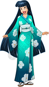 在传统的蓝绿色日本和服中一位亚洲女图片