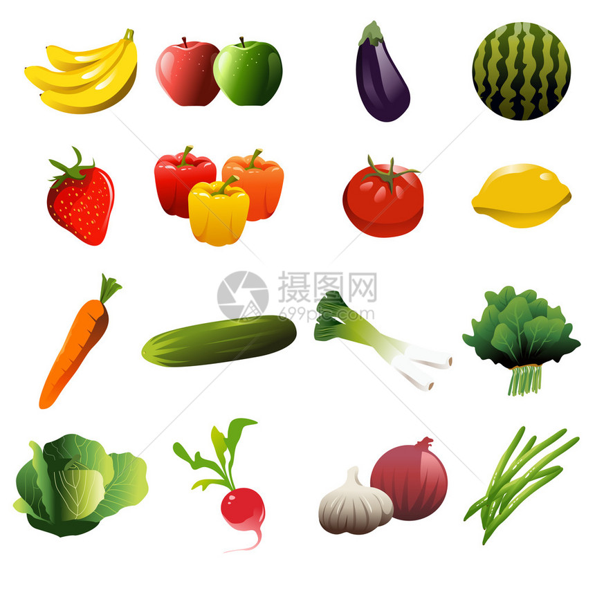 水果和蔬菜图标的矢量图解图片