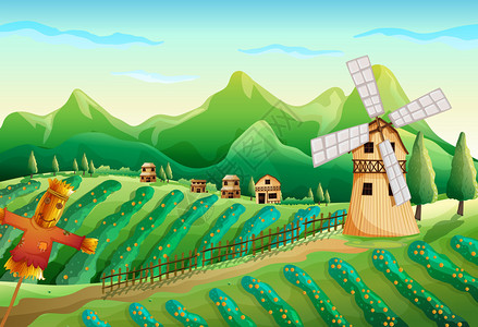 农场的插图有木屋和稻草人图片