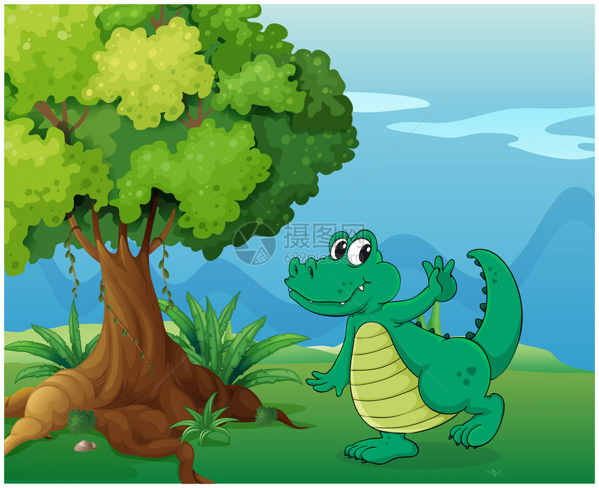 说明树旁的鳄鱼在白色背图片