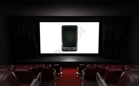 显示屏幕插图上智能电话广告的空电影放映会礼堂图片