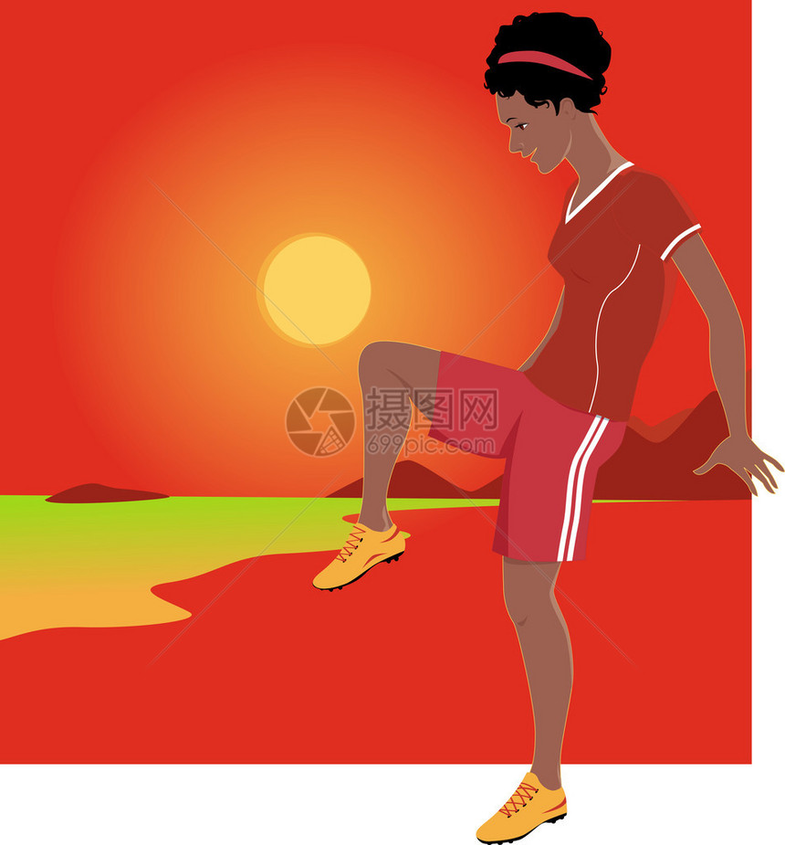 拉丁美洲年轻女子以太阳踢足球背景海滨风景矢量插图图片