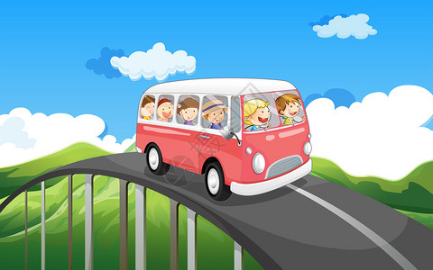 有孩子旅行的校车的插图图片
