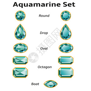 海蓝宝石设置不同的切割圆形水滴形椭圆形船形和八角形白色背景上的辉煌3D珠宝孤立的对象所有gems签名字体Amble设计图片