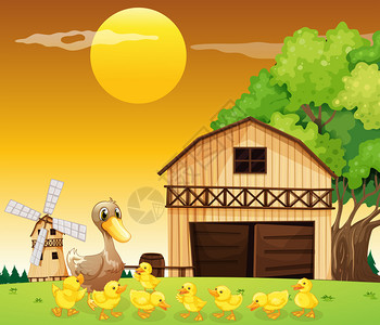 农舍外一只鸭子和她的小鸭子的插图图片