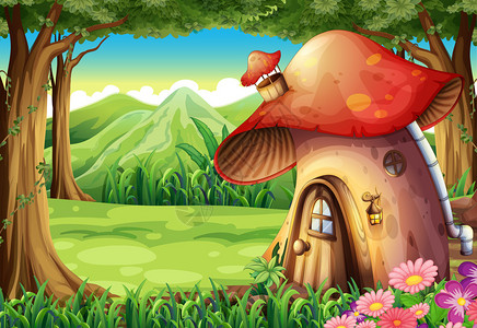 森林与蘑菇屋的插图图片