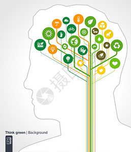 大脑概念与人头轮廓和图标图片