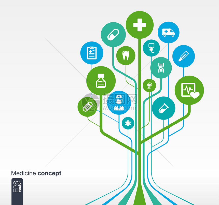 带有线条圆圈和图标的抽象医学背景具有医疗健康保健护士温度计药丸和十字图标的生长树图片