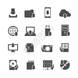用于计算机和移动电子设备的互联网下载符号集合黑色图标设图片