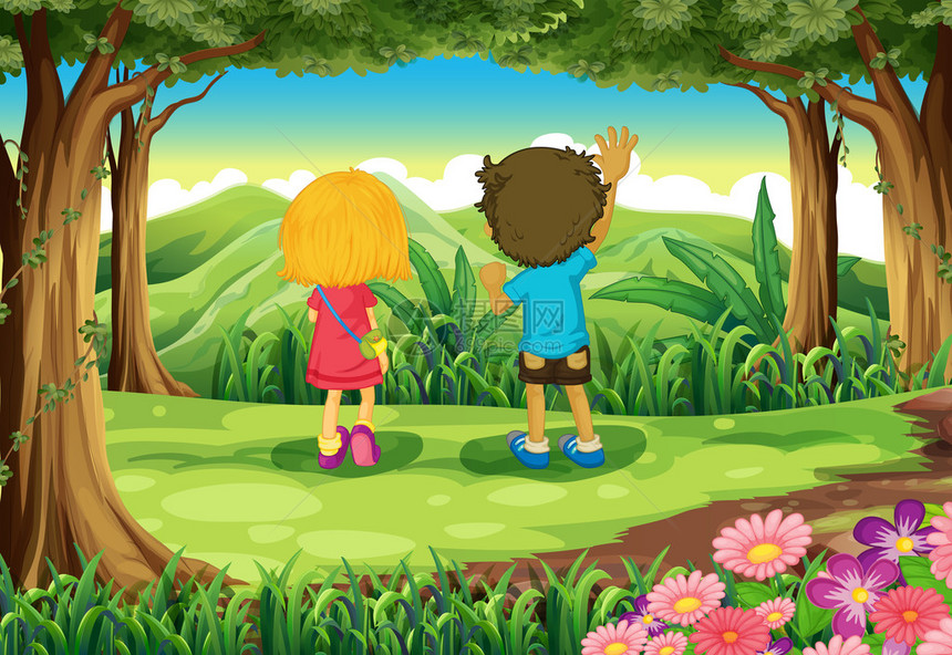 两个孩子在森林里看山的插图图片