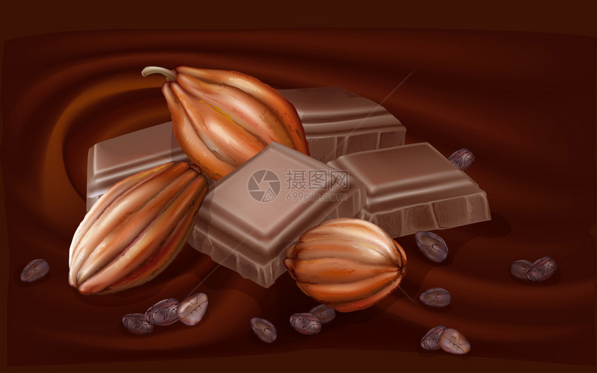 巧克力背景上的可果和巧克力块图片