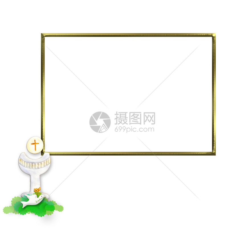 首圣餐邀请礼和鸽子在白色背景上隔离的金色照片框图片