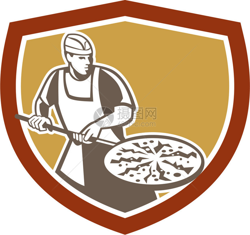 说明一个比萨饼面包师拿着皮和披萨馅饼套在护盾顶里在孤立的白色背景上以图片