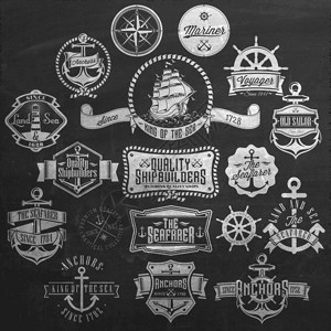 黑板上的老式复古航海徽章和标签集图片