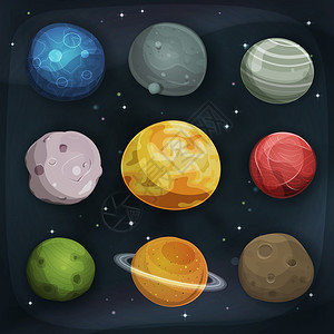科幻星空背景下一组各种漫画行星卫星小行星和图片