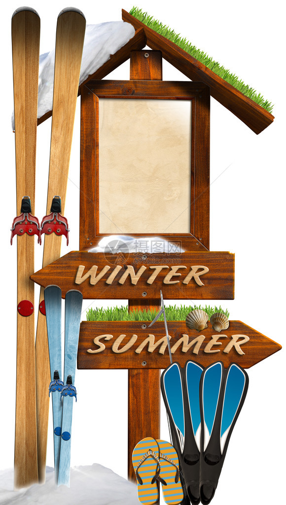 木制方向标志冬季结束和图片