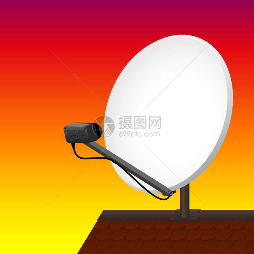 在屋顶接收电视无线电互联网信号的卫星天线日落梯度背景的矢量图解图片