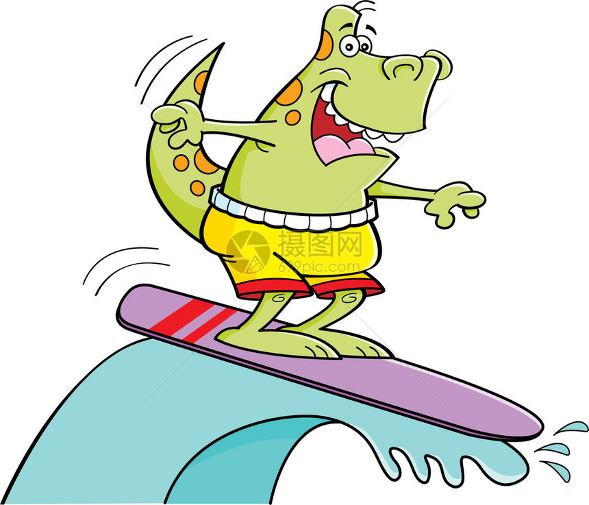 恐龙冲浪的卡通插图图片