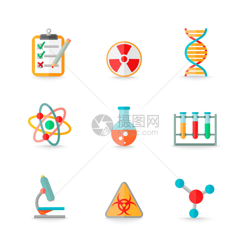 蒸馏玻璃原子dna符号图标设置隔离矢量图的科学化图片