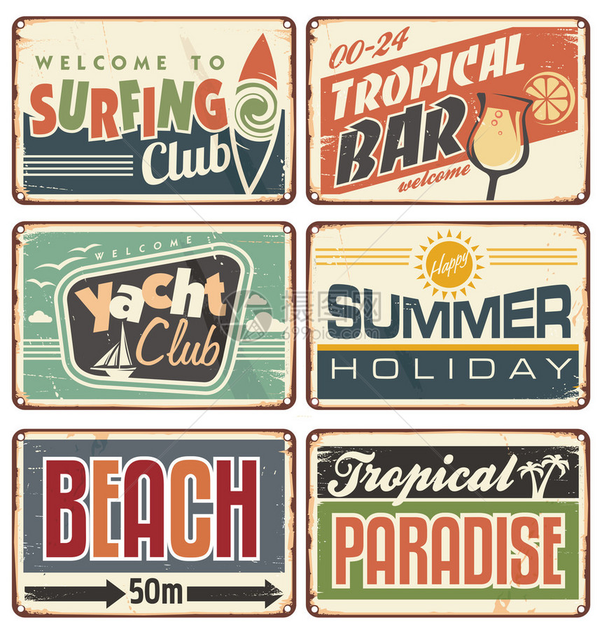 向量组的促销金属标志夏季假期老式标志板集合热带海滩广告牌海报和热带酒吧冲浪俱乐部或游艇图片