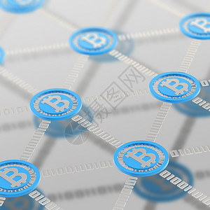 比特币点对网络可视化为一个相互连接的蓝色货币硬的网格图片