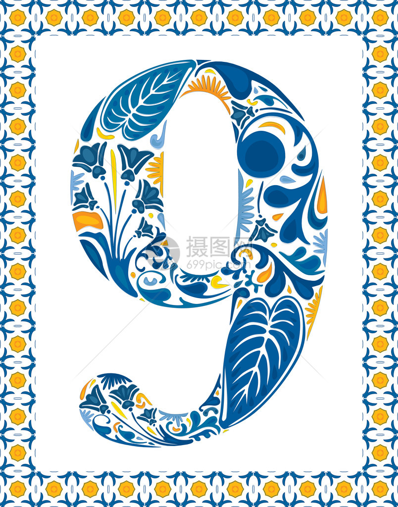 葡萄牙瓷砖制成的框架中的蓝色花卉编号9图片