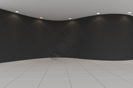 曲线黑色空房间瓷砖地板和筒灯图片