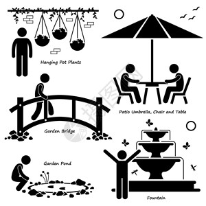 一组使用不同类型的家庭对象的人类象形图他们是使用悬挂花盆花园桥天井伞椅子和桌子花园池插画