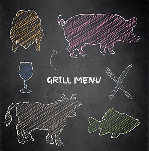 烧烤菜单猪牛鱼鸡黑板颜色矢量图片