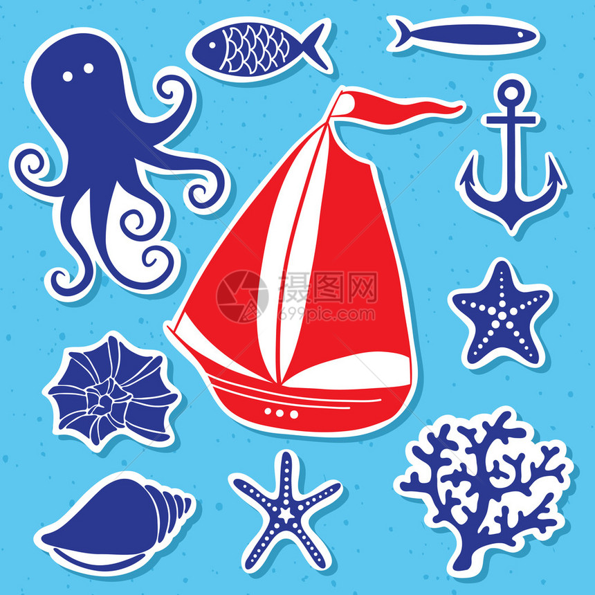 剪影海手绘海符号集包括帆船章鱼图片
