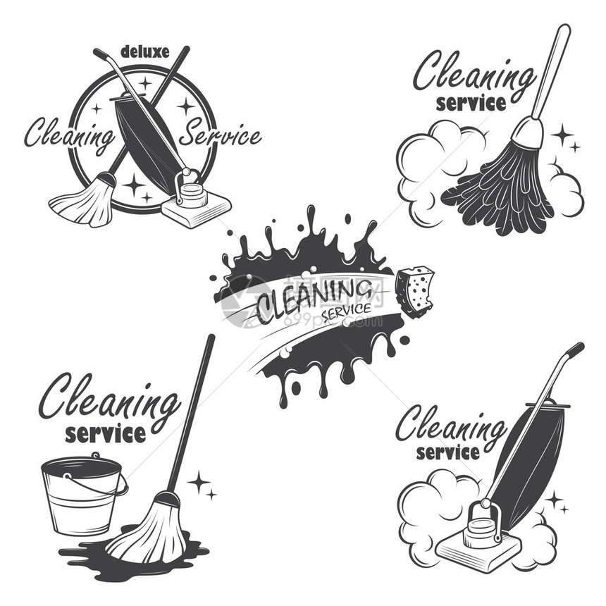 一套清洁服务标志标签和设计要素图片