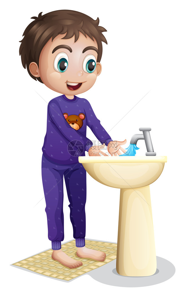 说明一个男孩用白色背景洗手的画面图片